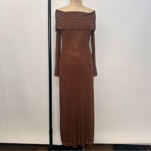 Meshki Chocolate Long Sleeve Off-Shoulder Dress